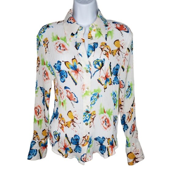 Le Caviar Tops - Vtg Le Caviar Women's Accordion Sheer Butterfly Blouse Top Sz S, White (1210)